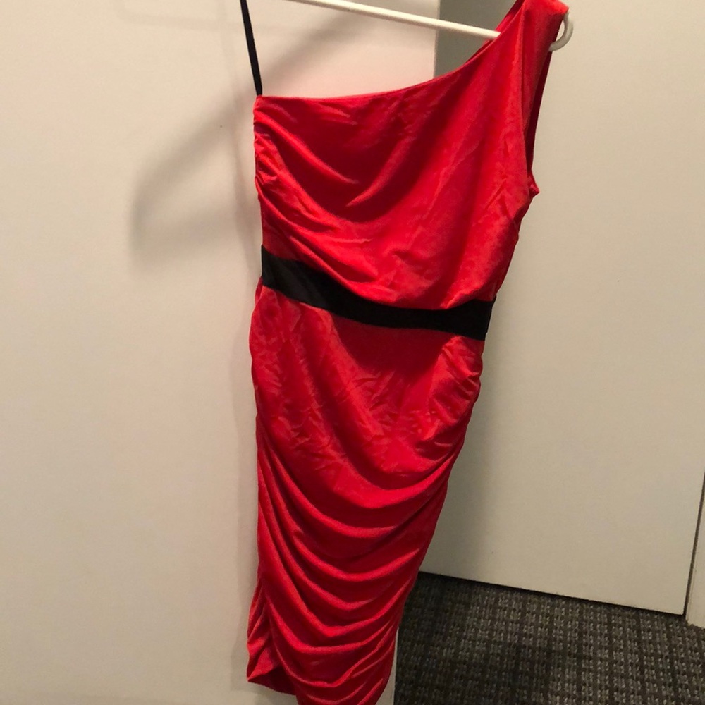 Kids red with black accent  one shoulder dress. Size small